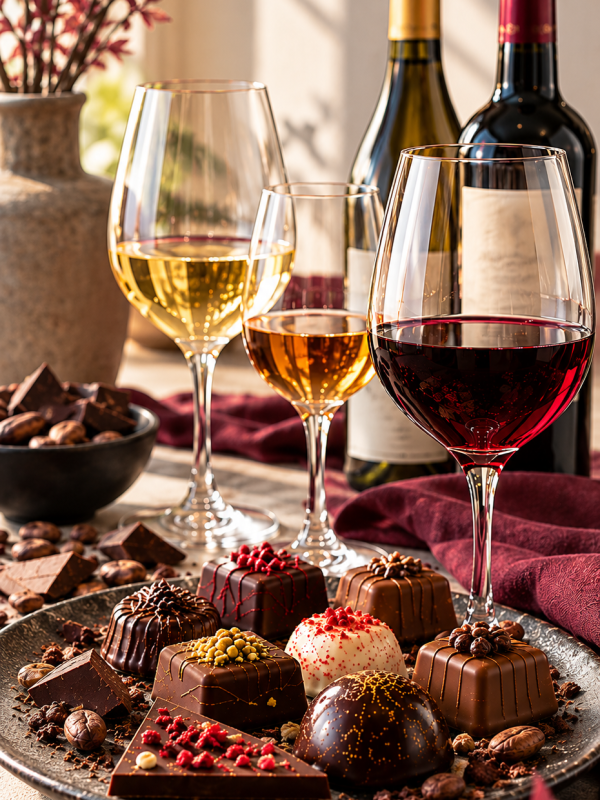 Elegantes Wein- und Schokoladenarrangement