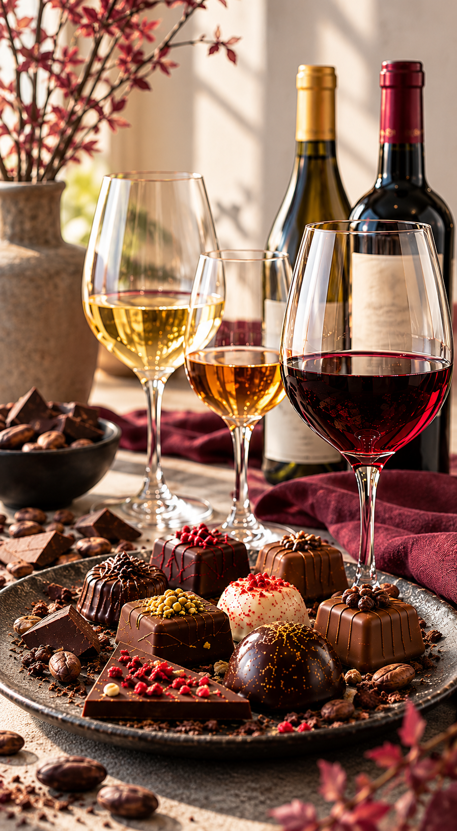 Elegantes Wein- und Schokoladenarrangement