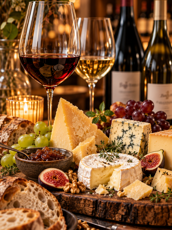 Käse- und Weinplatte im Weinkeller